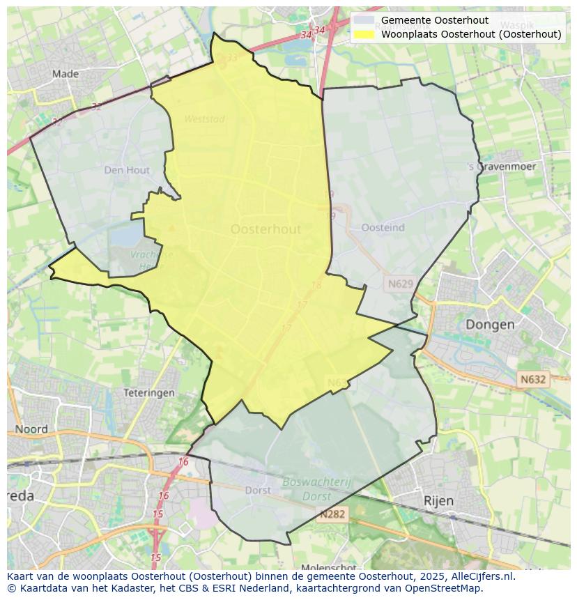 Afbeelding van de woonplaats Oosterhout op de kaart.