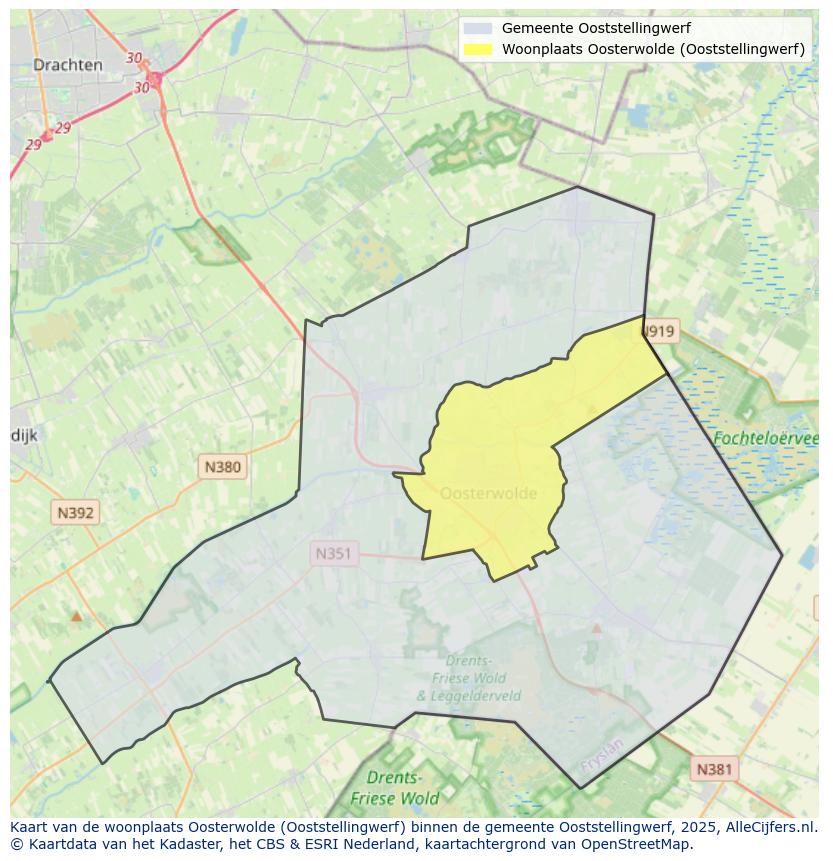 Afbeelding van de woonplaats Oosterwolde op de kaart.
