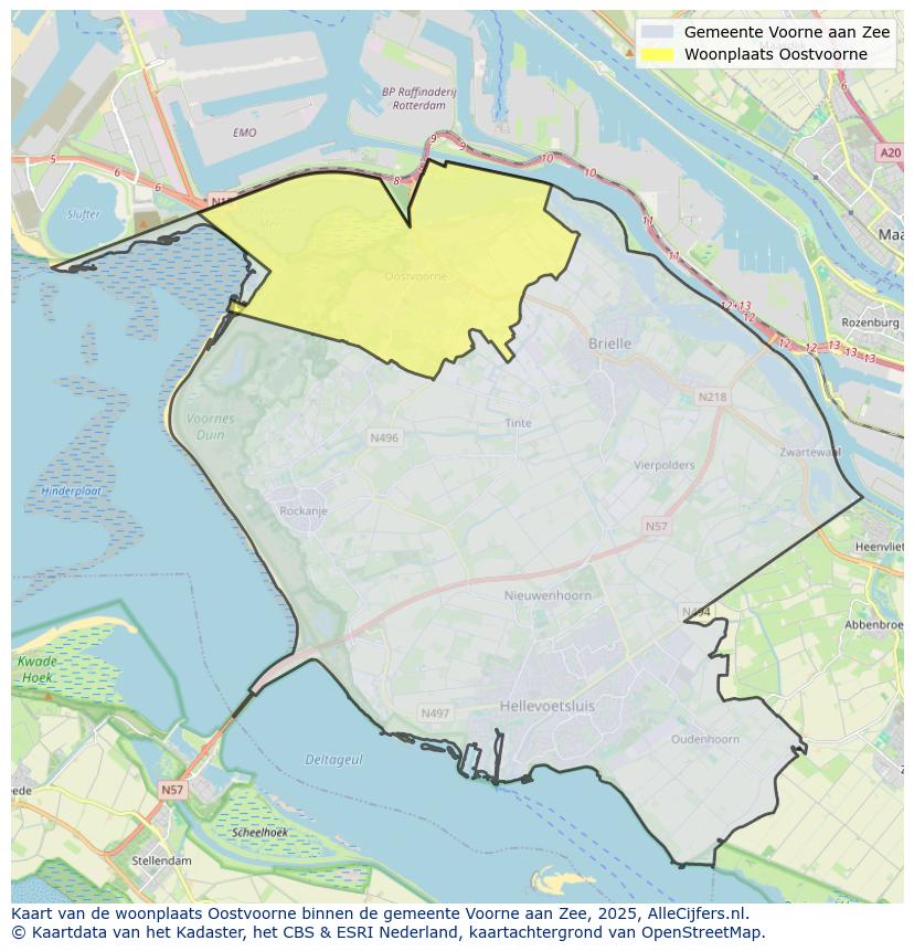 Afbeelding van de woonplaats Oostvoorne op de kaart.