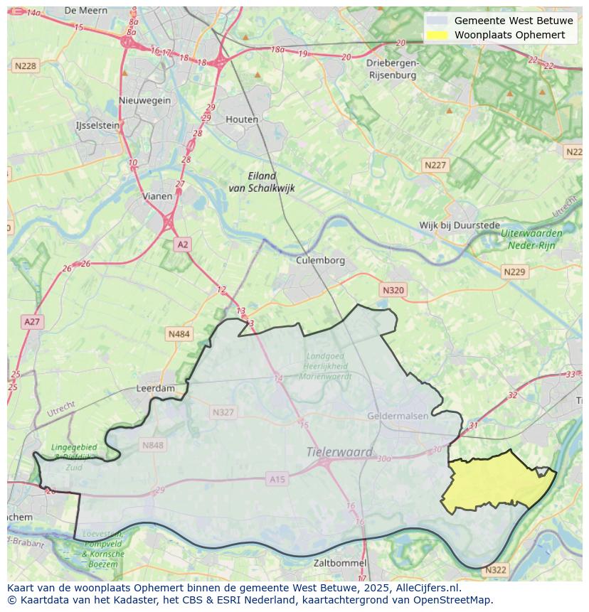 Afbeelding van de woonplaats Ophemert op de kaart.
