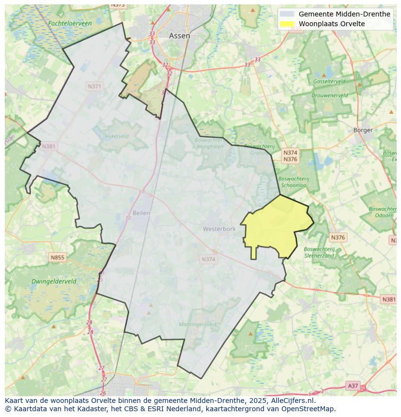 Afbeelding van de woonplaats Orvelte op de kaart.