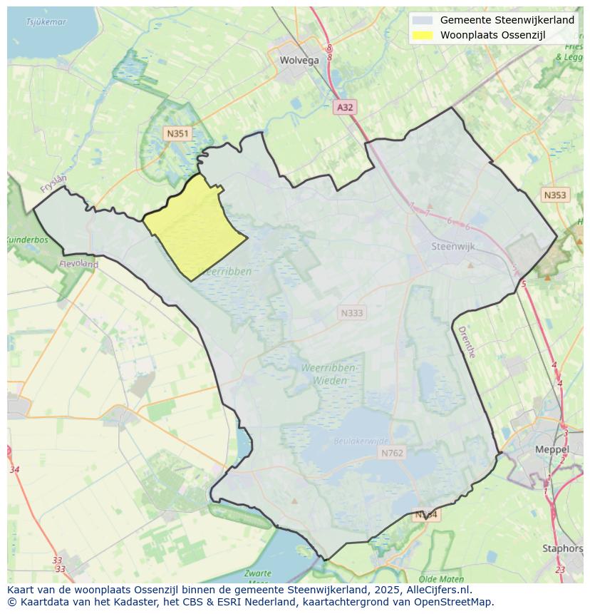 Afbeelding van de woonplaats Ossenzijl op de kaart.
