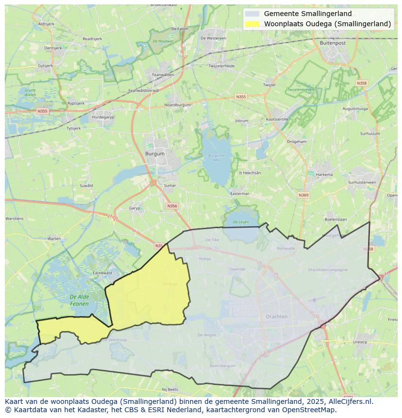 Afbeelding van de woonplaats Oudega op de kaart.