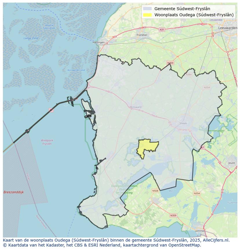 Afbeelding van de woonplaats Oudega op de kaart.