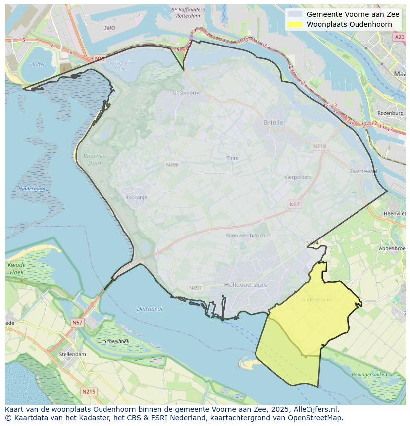 Afbeelding van de woonplaats Oudenhoorn op de kaart.