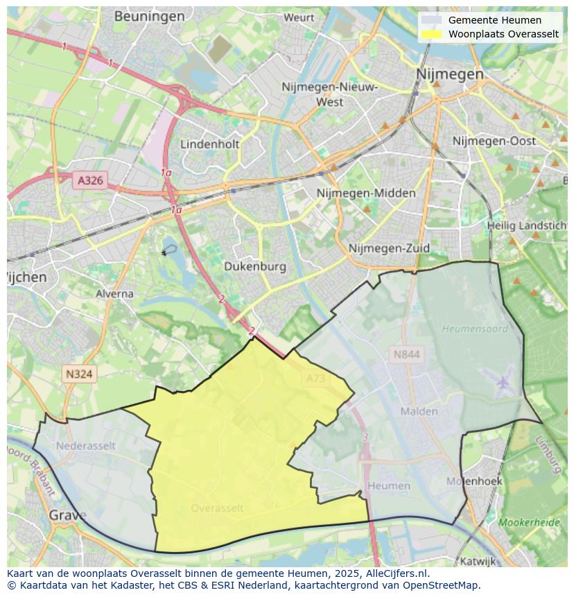 Afbeelding van de woonplaats Overasselt op de kaart.