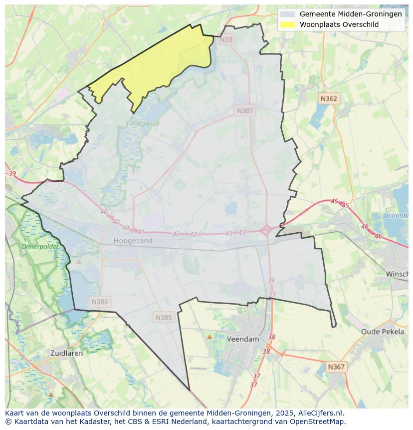 Afbeelding van de woonplaats Overschild op de kaart.
