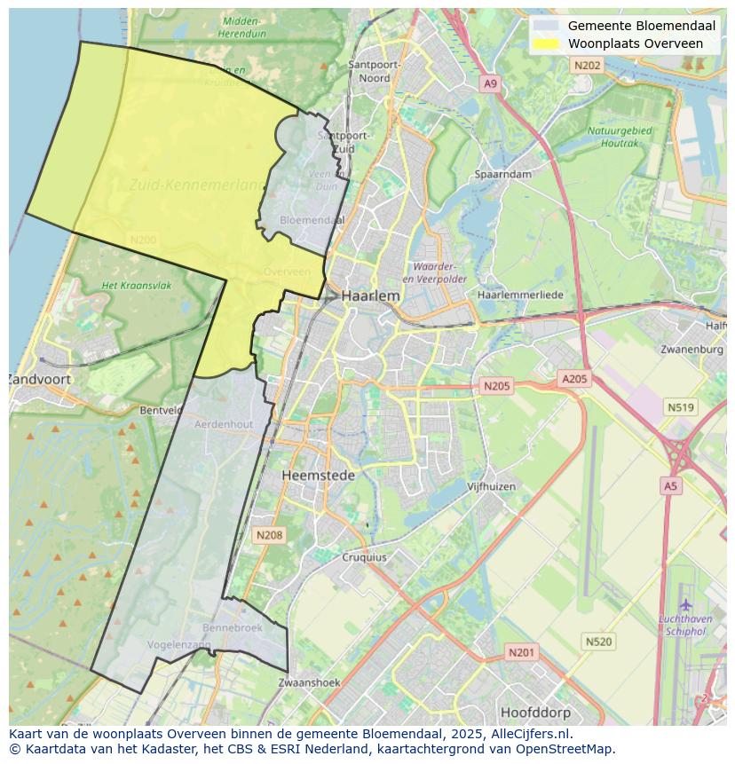 Afbeelding van de woonplaats Overveen op de kaart.