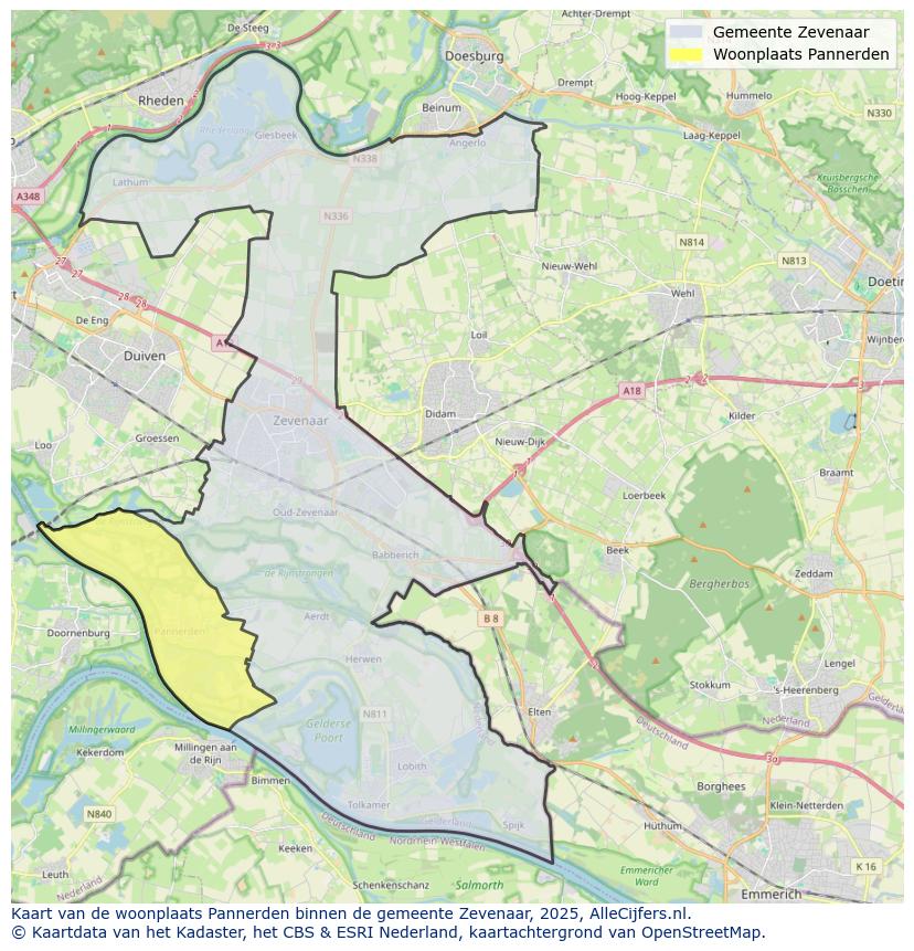Afbeelding van de woonplaats Pannerden op de kaart.