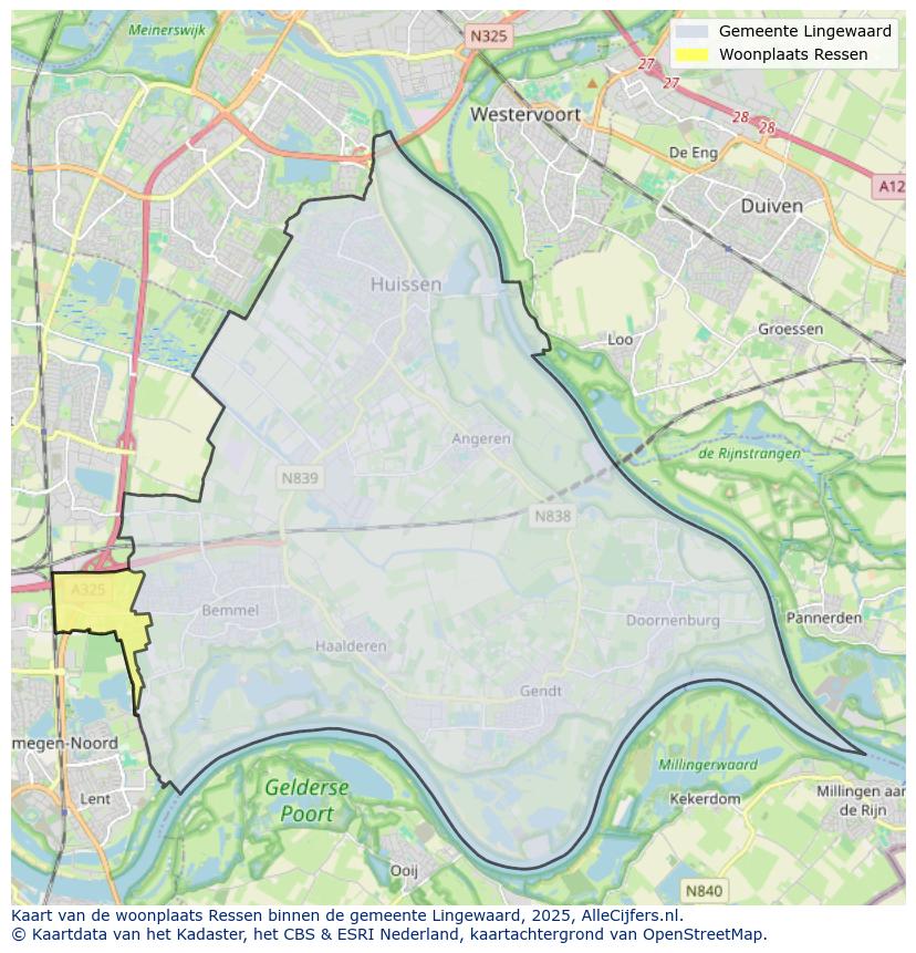 Afbeelding van de woonplaats Ressen op de kaart.