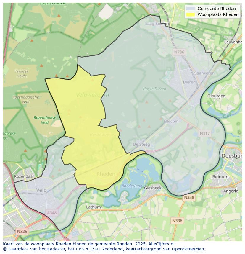 Afbeelding van de woonplaats Rheden op de kaart.