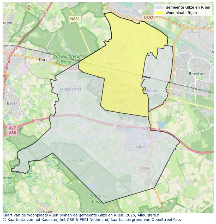 Afbeelding van de woonplaats Rijen op de kaart.