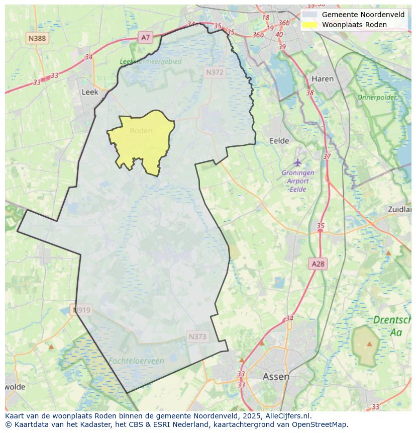 Afbeelding van de woonplaats Roden op de kaart.