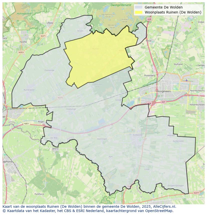Afbeelding van de woonplaats Ruinen op de kaart.