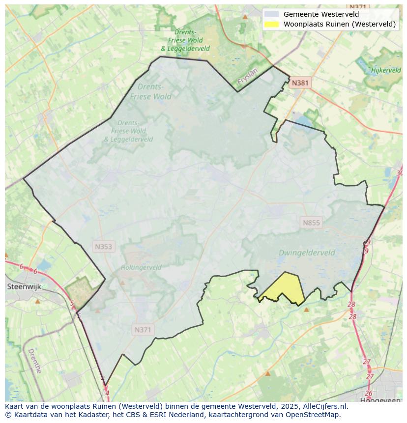 Afbeelding van de woonplaats Ruinen op de kaart.