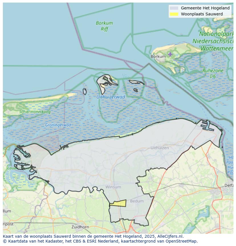 Afbeelding van de woonplaats Sauwerd op de kaart.