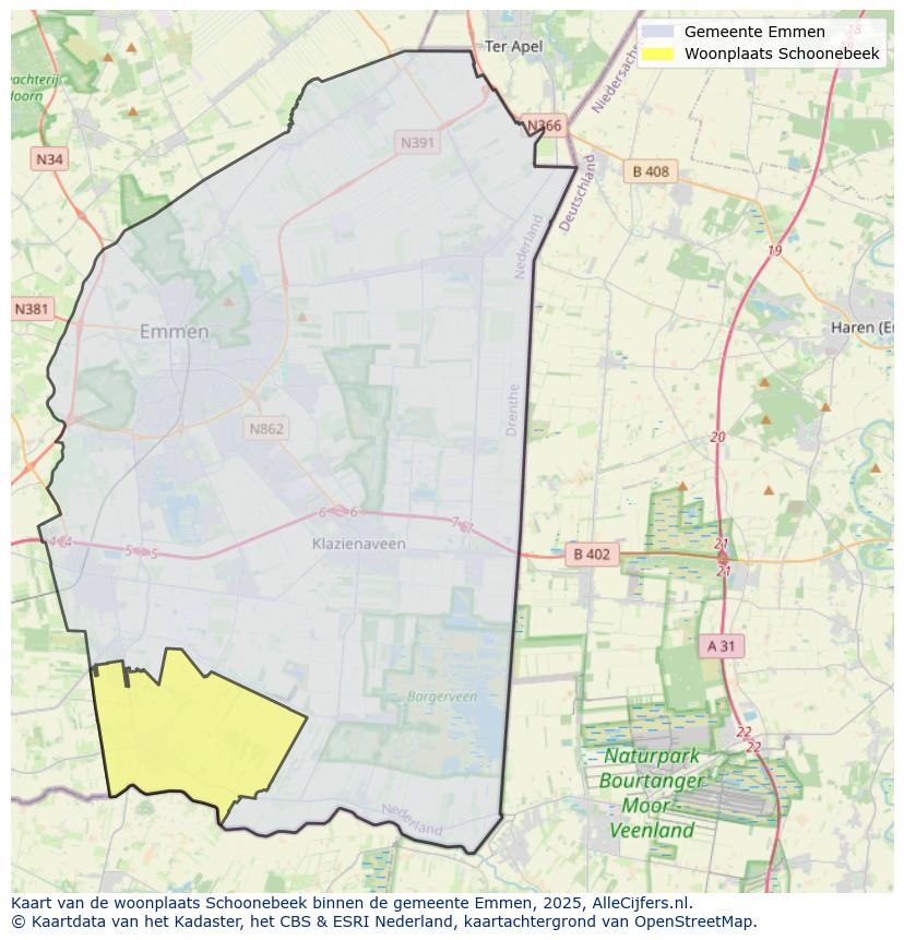 Afbeelding van de woonplaats Schoonebeek op de kaart.