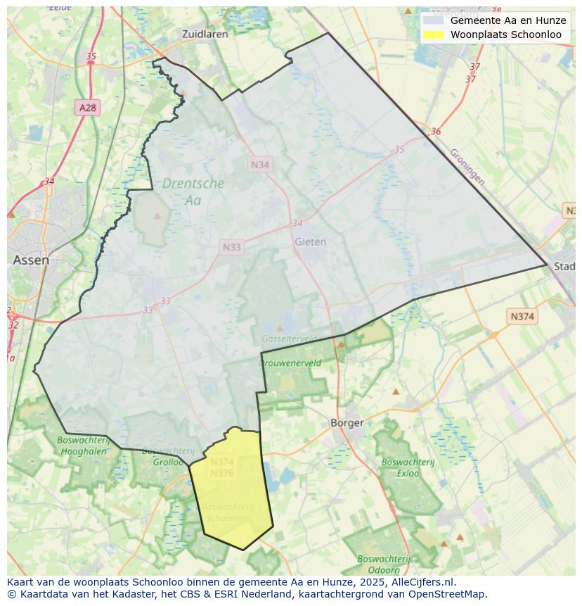 Afbeelding van de woonplaats Schoonloo op de kaart.