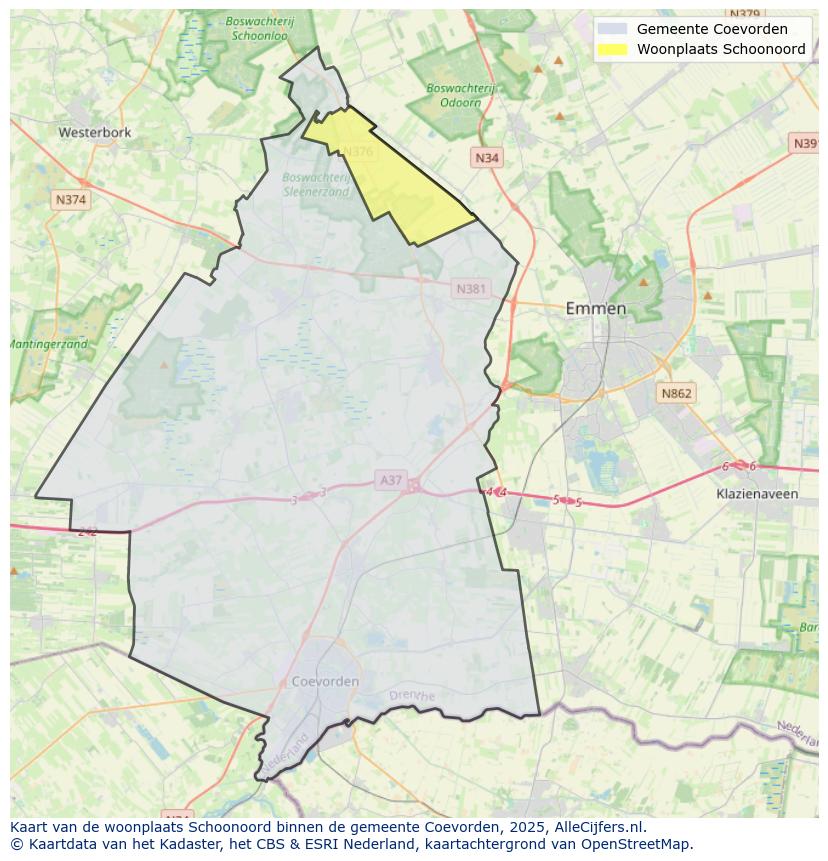Afbeelding van de woonplaats Schoonoord op de kaart.