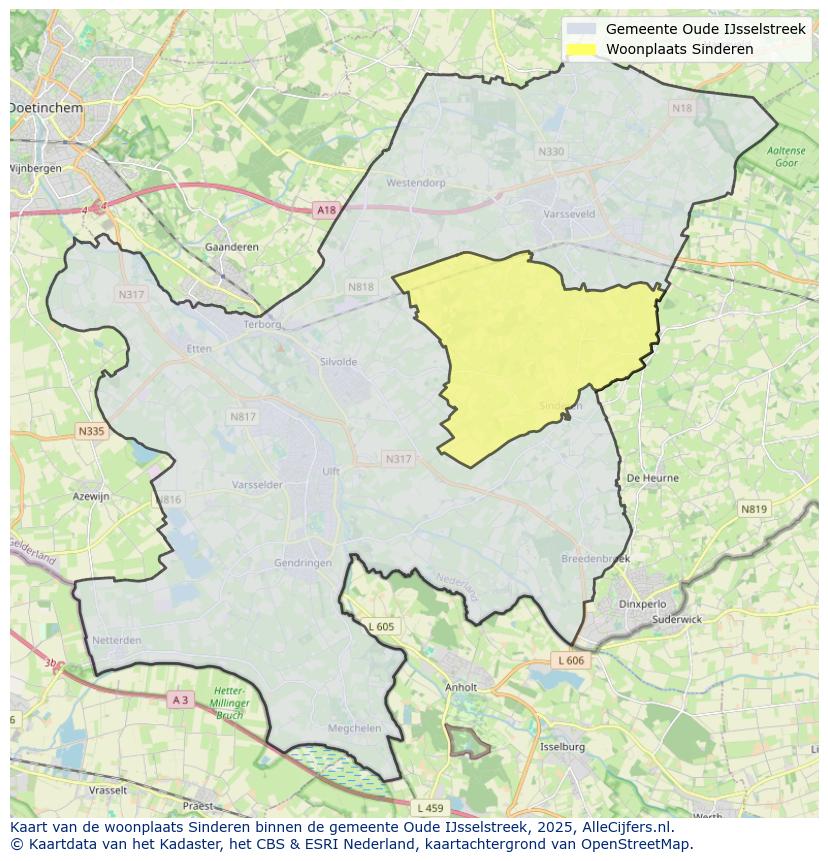 Afbeelding van de woonplaats Sinderen op de kaart.