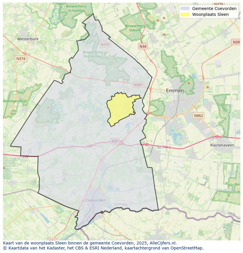 Afbeelding van de woonplaats Sleen op de kaart.