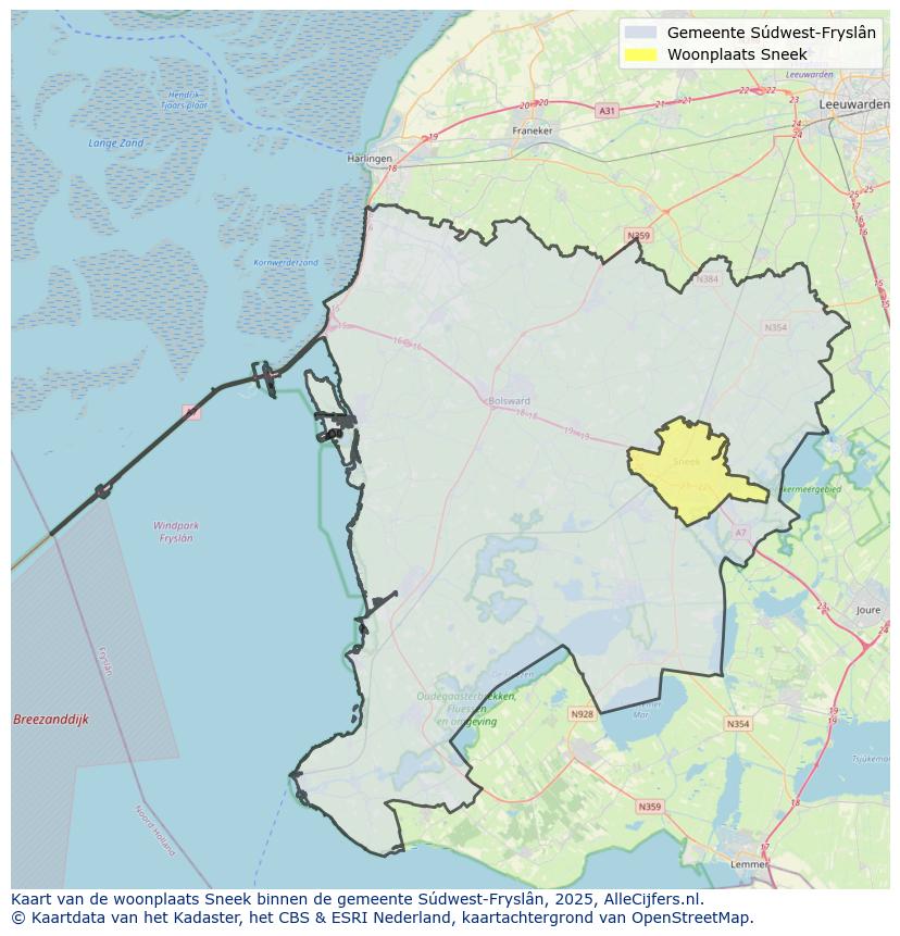 Afbeelding van de woonplaats Sneek op de kaart.