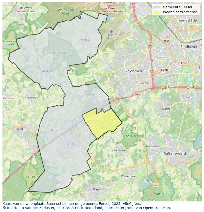 Afbeelding van de woonplaats Steensel op de kaart.
