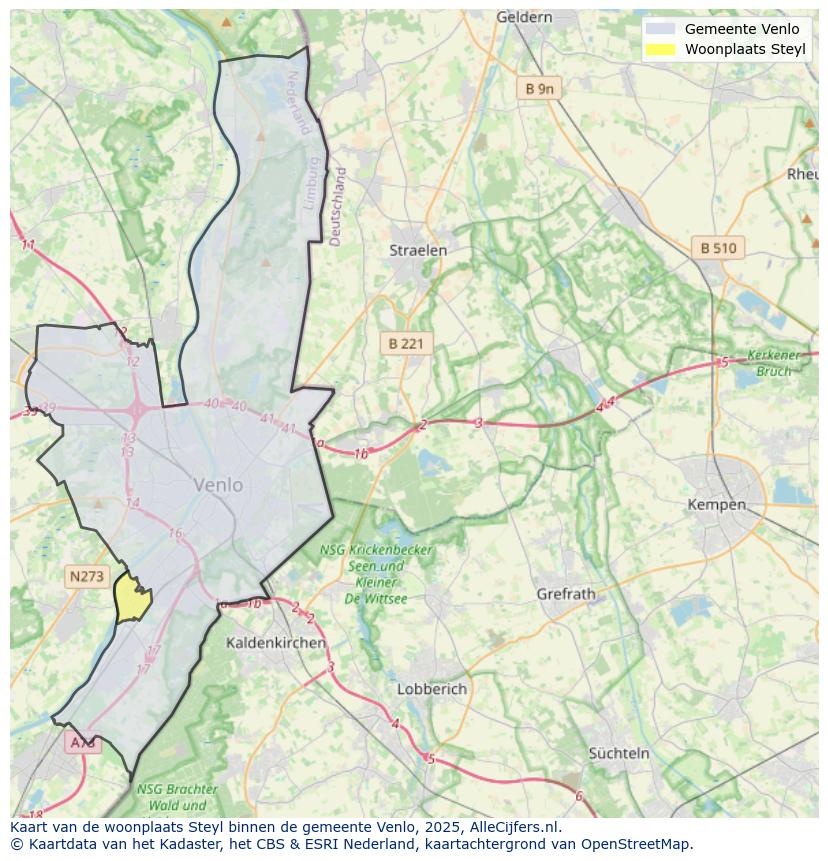 Afbeelding van de woonplaats Steyl op de kaart.