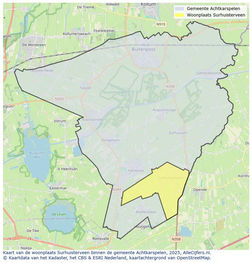 Afbeelding van de woonplaats Surhuisterveen op de kaart.