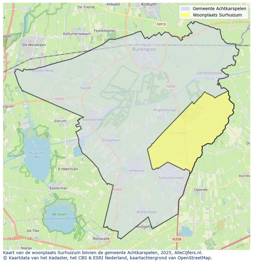 Afbeelding van de woonplaats Surhuizum op de kaart.