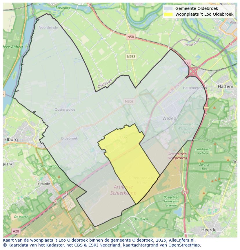 Afbeelding van de woonplaats ’t Loo Oldebroek op de kaart.