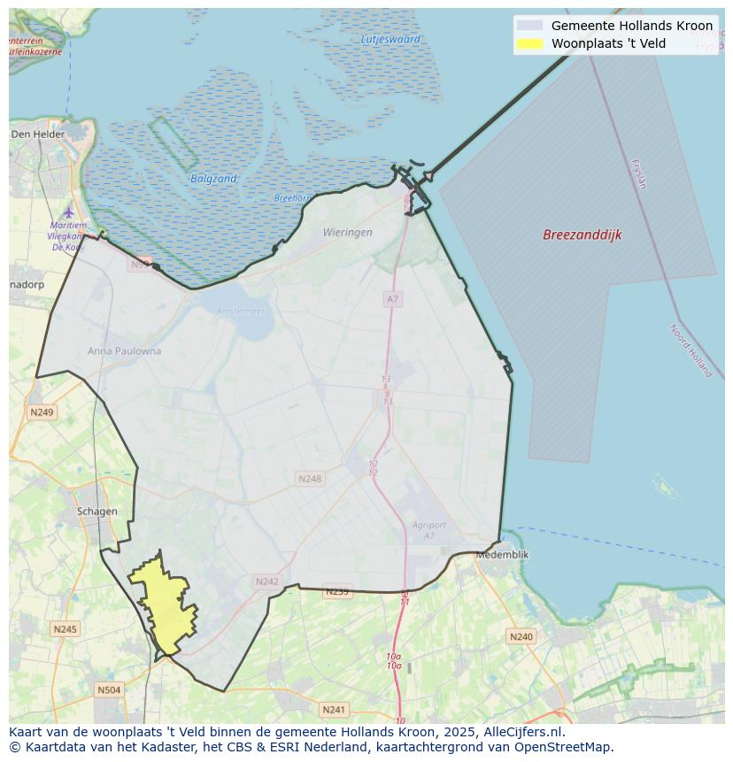 Afbeelding van de woonplaats ’t Veld op de kaart.