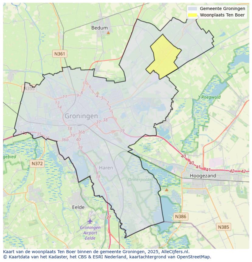Afbeelding van de woonplaats Ten Boer op de kaart.