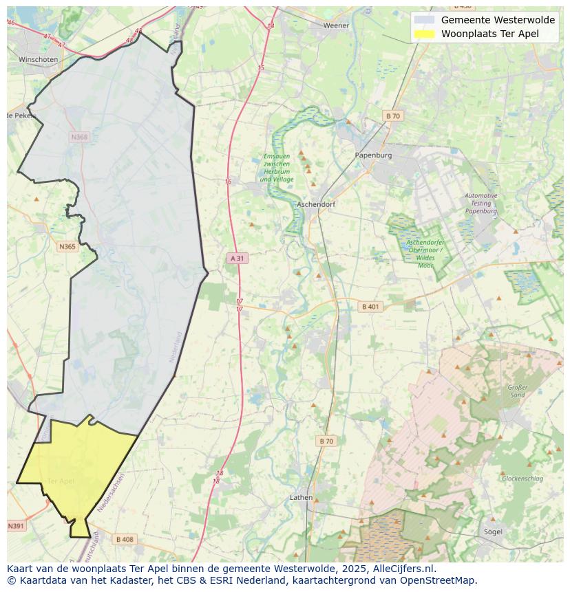 Afbeelding van de woonplaats Ter Apel op de kaart.