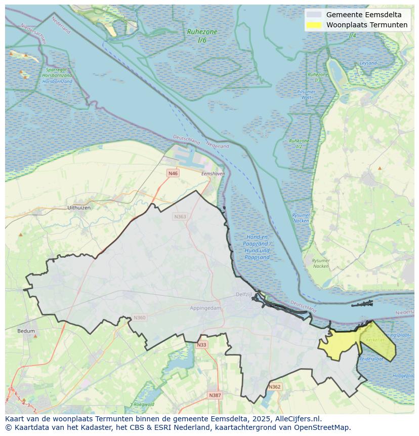 Afbeelding van de woonplaats Termunten op de kaart.