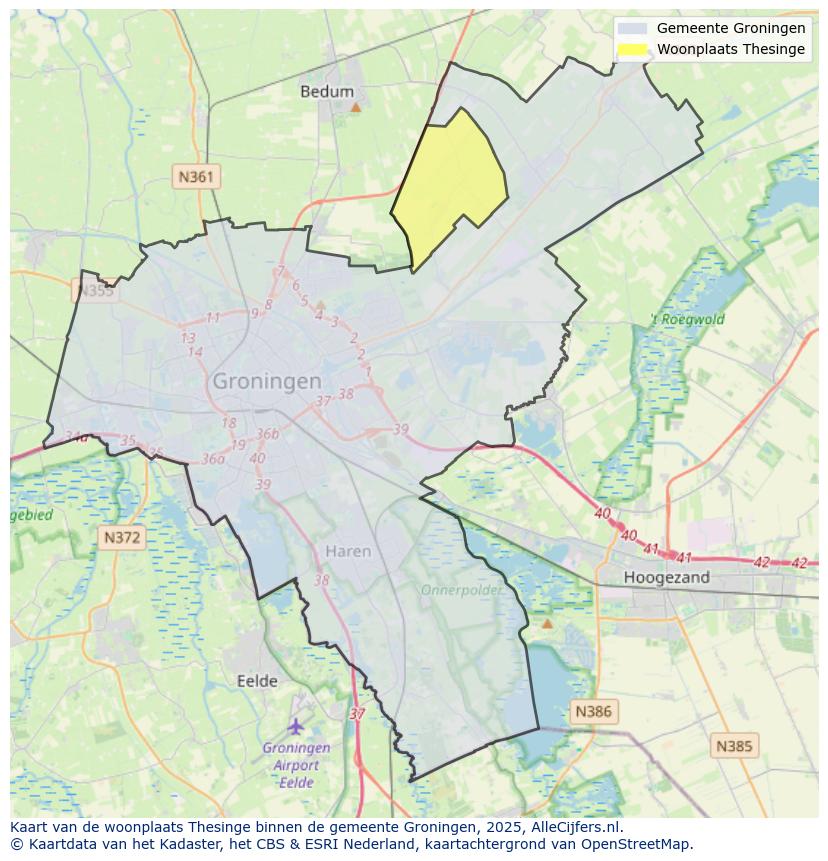 Afbeelding van de woonplaats Thesinge op de kaart.
