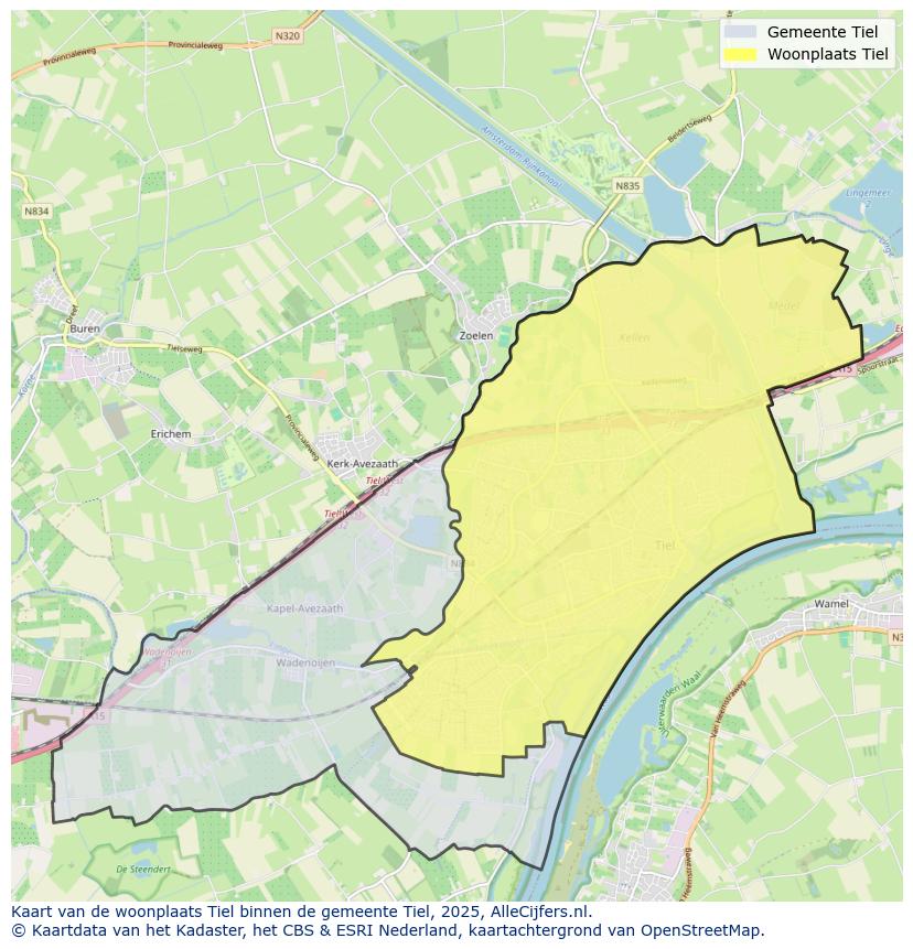 Afbeelding van de woonplaats Tiel op de kaart.