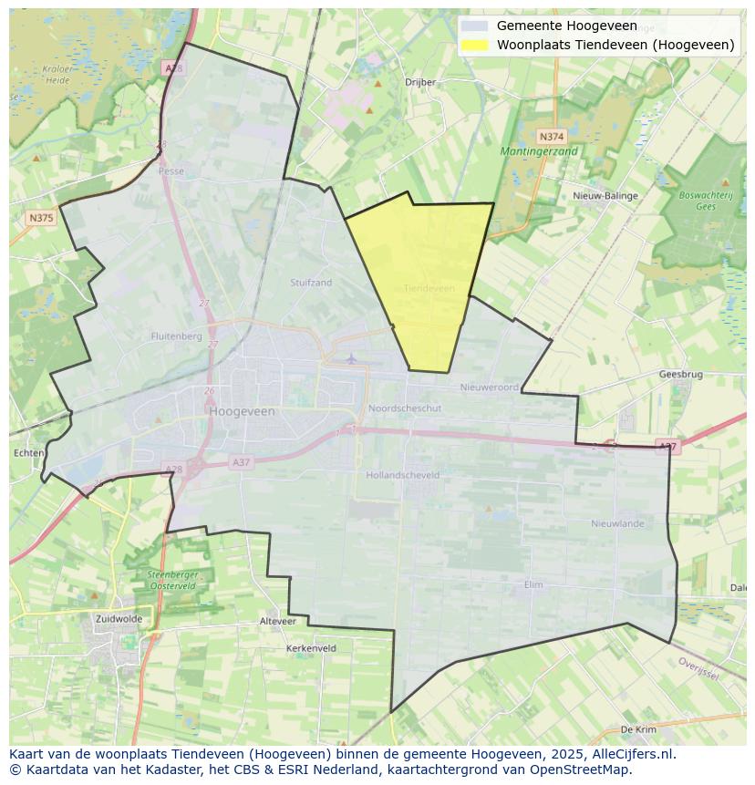 Afbeelding van de woonplaats Tiendeveen op de kaart.