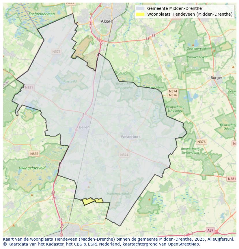 Afbeelding van de woonplaats Tiendeveen op de kaart.