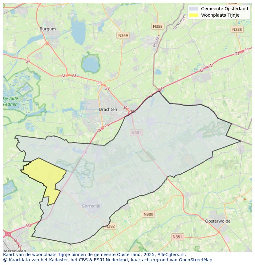 Afbeelding van de woonplaats Tijnje op de kaart.