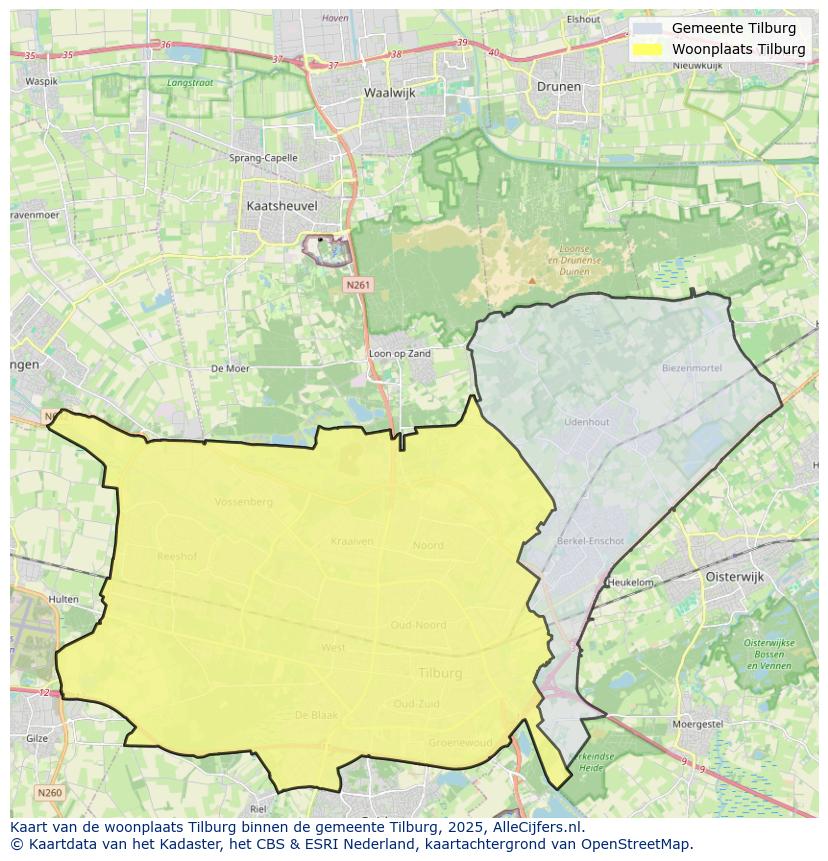Afbeelding van de woonplaats Tilburg op de kaart.