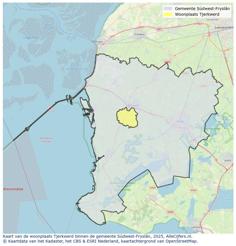 Afbeelding van de woonplaats Tjerkwerd op de kaart.