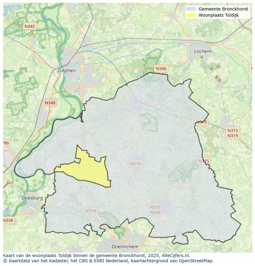 Afbeelding van de woonplaats Toldijk op de kaart.