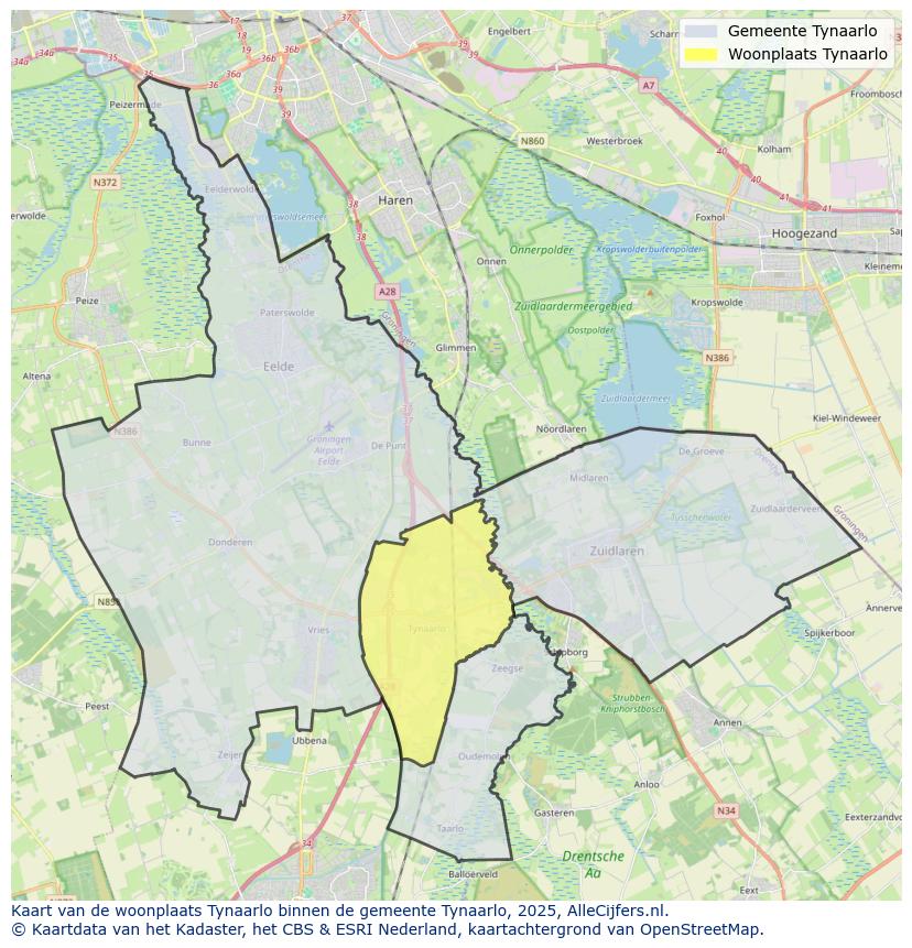 Afbeelding van de woonplaats Tynaarlo op de kaart.