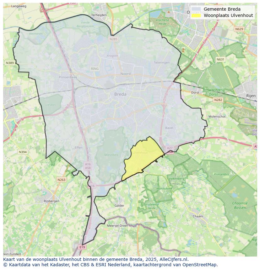 Afbeelding van de woonplaats Ulvenhout op de kaart.