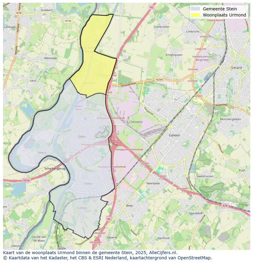 Afbeelding van de woonplaats Urmond op de kaart.