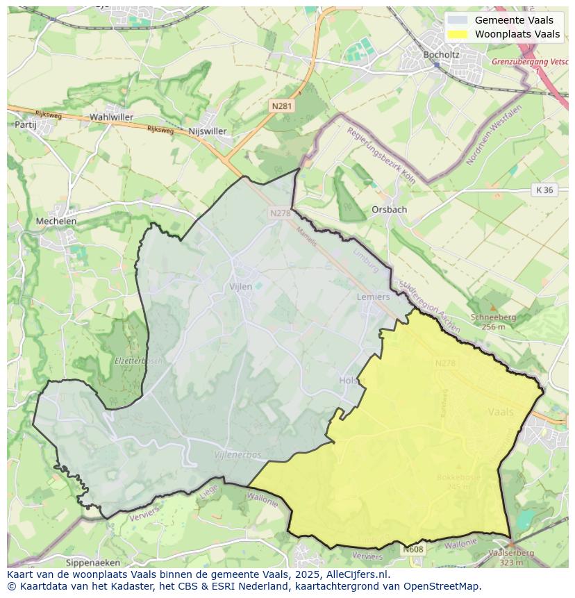 Afbeelding van de woonplaats Vaals op de kaart.