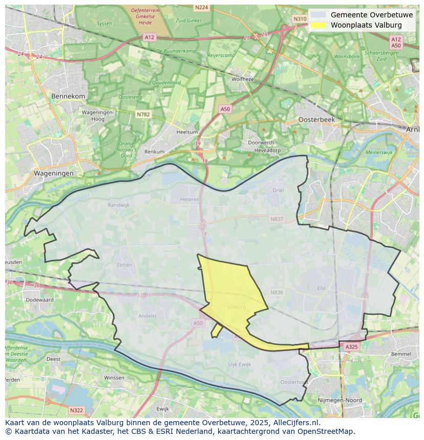 Afbeelding van de woonplaats Valburg op de kaart.