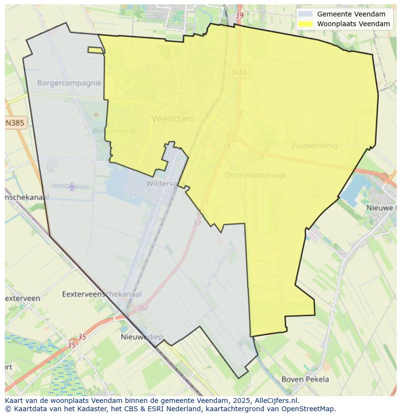 Afbeelding van de woonplaats Veendam op de kaart.