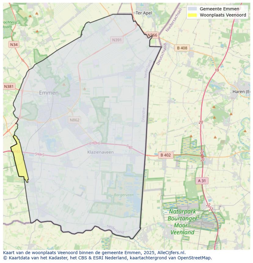 Afbeelding van de woonplaats Veenoord op de kaart.